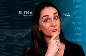 Mulher com expressão curiosa e mão no queixo, sobre fundo azul de gráficos e dados financeiros da Investnews.