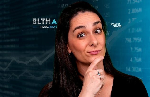 Mulher com expressão curiosa e mão no queixo, sobre fundo azul de gráficos e dados financeiros da Investnews.