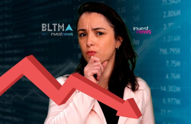 Mulher pensativa com seta vermelha para baixo e gráficos financeiros no fundo, representando queda.