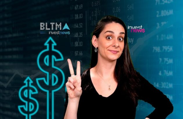 Mulher sorrindo faz sinal de V, com cifrões neon e fundo de dados financeiros. Sugere crescimento em investimentos.