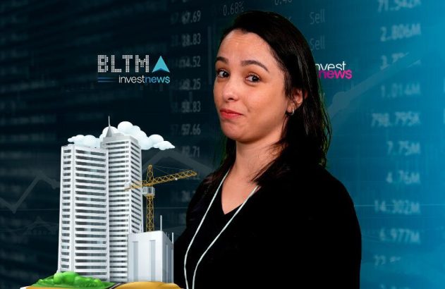Mulher em frente a gráficos financeiros e maquete de prédios. Logos BLTMA e investnews.