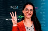 Mulher sorrindo de óculos mostra 3 dedos e logos de BLTMA Investnews e Ecorodovias em fundo financeiro.