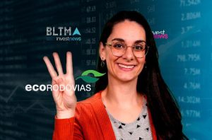 Mulher sorrindo de óculos mostra 3 dedos e logos de BLTMA Investnews e Ecorodovias em fundo financeiro.