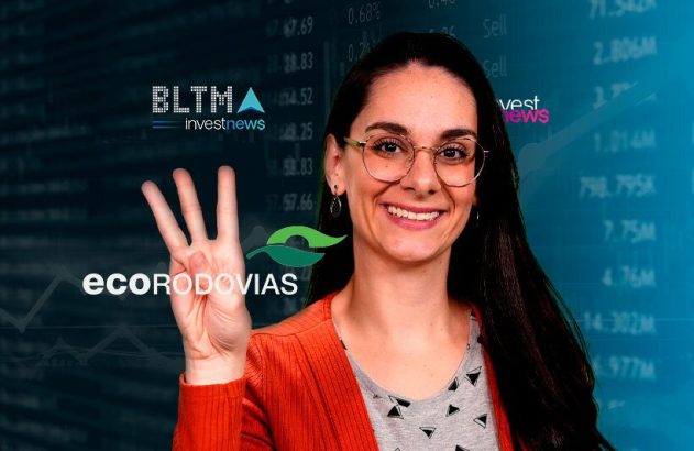 Mulher sorrindo de óculos mostra 3 dedos e logos de BLTMA Investnews e Ecorodovias em fundo financeiro.
