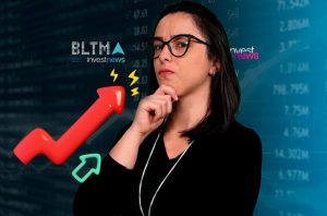 Mulher pensativa sobre o mercado financeiro, com setas de alta/baixa e o logo "investnews".