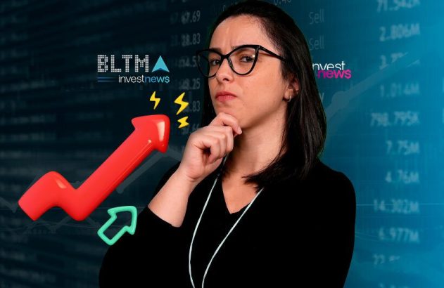 Mulher pensativa sobre o mercado financeiro, com setas de alta/baixa e o logo "investnews".