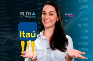 Mulher sorridente apresenta Itaú em alta como foguete sobre a mão, com fundo financeiro e logos Investnews.