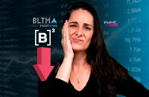 Mulher preocupada com queda na bolsa de valores (B3). Fundo com gráficos e seta vermelha para baixo.