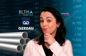 Mulher pensativa à frente de dados financeiros e logos (Gerdau, investnews), com tubos de metal.