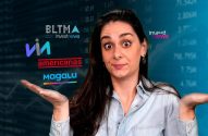 Mulher confusa com logos (Via, Americanas, Magalu, BLTMA) e investnews em fundo de mercado financeiro.
