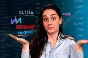 Mulher confusa com logos (Via, Americanas, Magalu, BLTMA) e investnews em fundo de mercado financeiro.