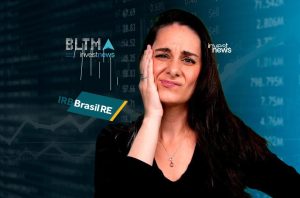 Mulher com a mão no rosto e expressão aflita, em fundo de gráficos financeiros com logos "investnews" e "IRB Brasil RE".