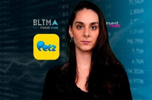 Mulher em destaque, fundo com dados financeiros. Logos: Petz e Investnews.