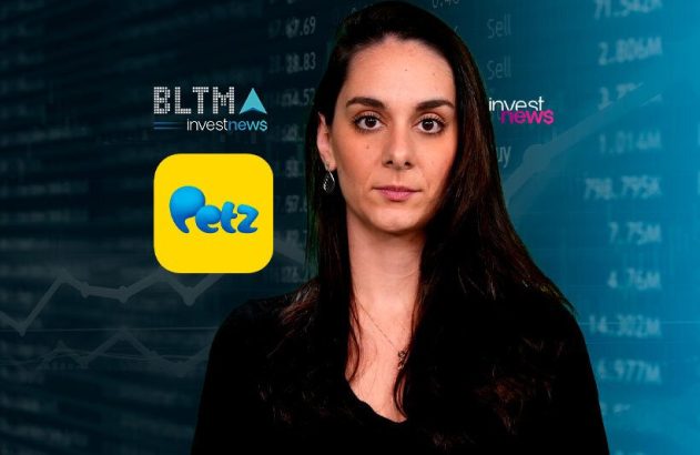 Mulher em destaque, fundo com dados financeiros. Logos: Petz e Investnews.