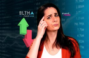 Mulher em dúvida sobre setas de alta e baixa, com dados financeiros. Logos BLTMA, Investnews.