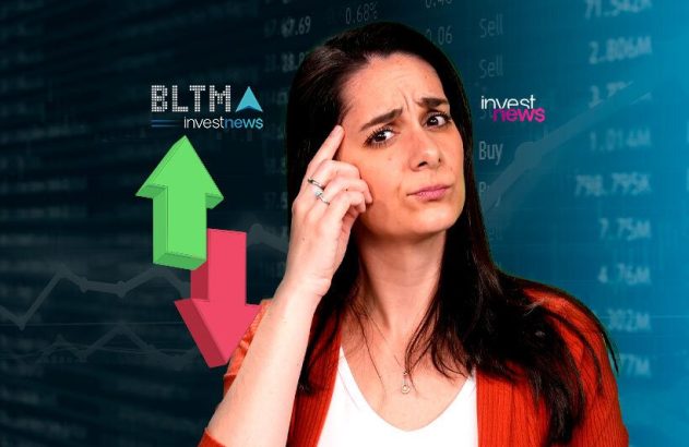 Mulher em dúvida sobre setas de alta e baixa, com dados financeiros. Logos BLTMA, Investnews.