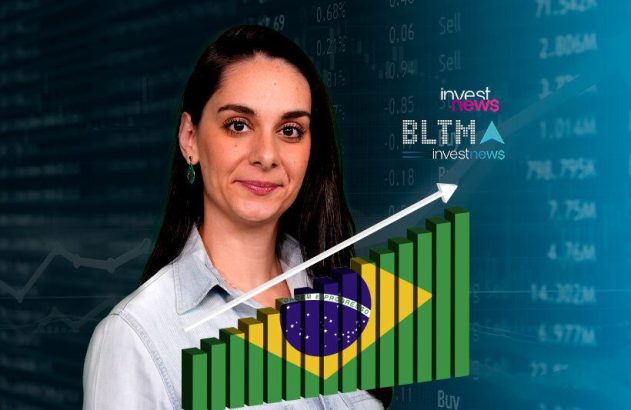 Mulher e gráfico de barras com a bandeira do Brasil, mostrando crescimento econômico.