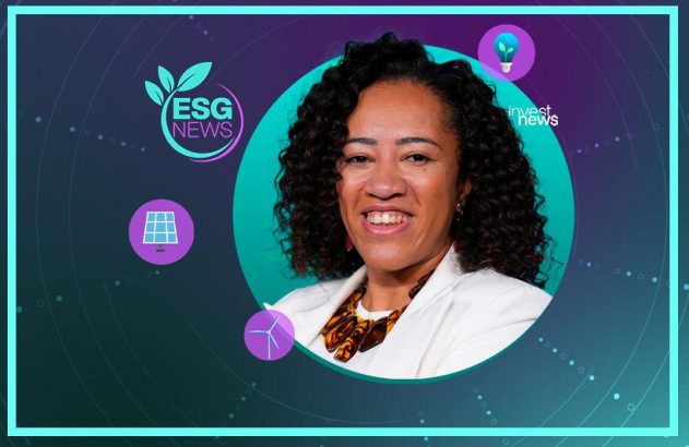 Mulher sorrindo, cabelo cacheado. Fundo com logo ESG News, Investnews, e símbolos de energia solar, eólica e inovação.