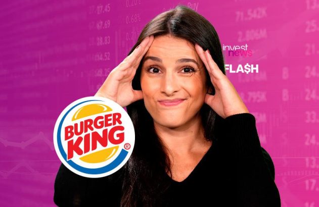 Mulher confusa com mãos na cabeça, logo Burger King e fundo financeiro do Invest News.