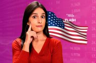 Mulher surpresa com a bandeira dos EUA e informações financeiras ao fundo. Texto "FLASH invest news".