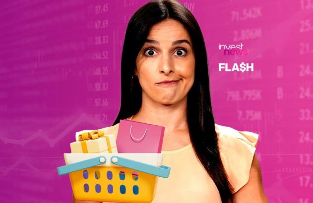 Mulher surpresa com cesta de compras e fundo de mercado financeiro.