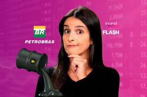 fabiana ortega, apresentadora do investnews, com o dedo no queixo e desenho de barril de petróleo ao lado