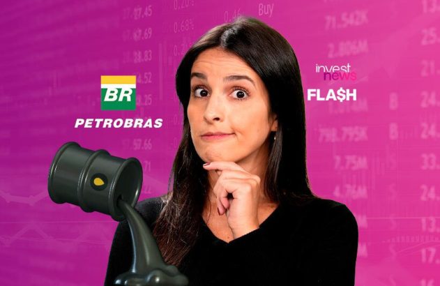 fabiana ortega, apresentadora do investnews, com o dedo no queixo e desenho de barril de petróleo ao lado