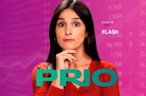 Mulher com expressão curiosa sobre fundo financeiro, gráficos e textos "PRIO", "invest news FLASH".