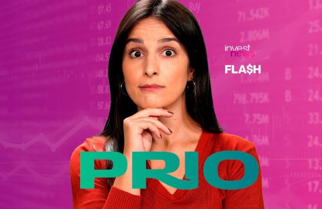 Mulher com expressão curiosa sobre fundo financeiro, gráficos e textos "PRIO", "invest news FLASH".