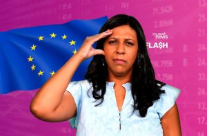 Mulher séria com mão na testa, bandeira da União Europeia e dados financeiros de fundo. Logo "invest news FLASH".