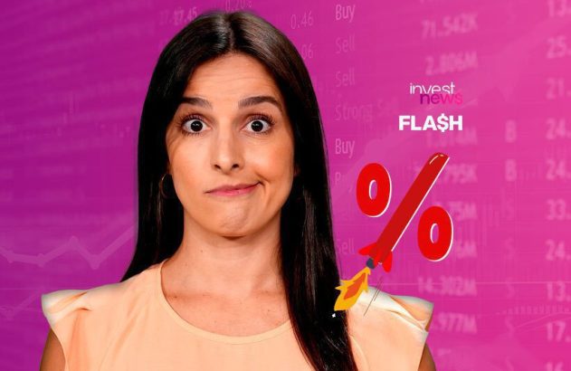 Mulher surpresa e símbolo de porcentagem (%) em forma de foguete decolando sobre fundo financeiro.