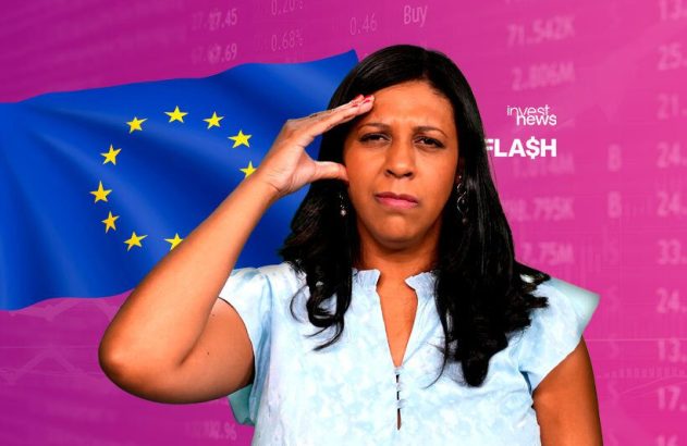 Mulher séria com mão na testa, bandeira da União Europeia e dados financeiros de fundo. Logo "invest news FLASH".