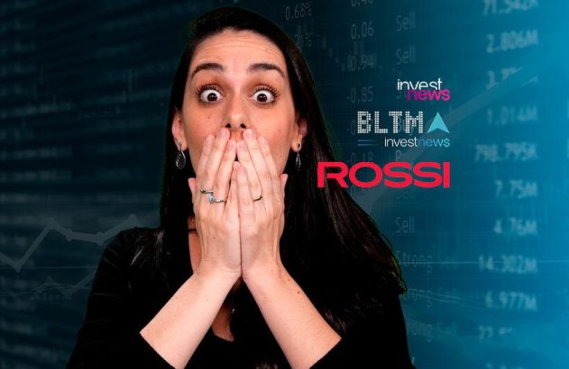 Mulher chocada com as mãos na boca. Fundo: dados financeiros e logos 'investnews', 'BLTMA', 'ROSSI'.