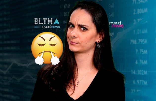 Mulher com expressão cética e emoji frustrado sobre fundo de dados financeiros e logos 'investnews'.