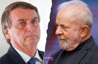 Rostos de Bolsonaro e Lula divididos por um rasgo central. Bolsonaro à esquerda, Lula à direita.