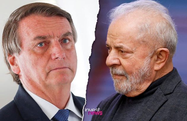 Rostos de Bolsonaro e Lula divididos por um rasgo central. Bolsonaro à esquerda, Lula à direita.