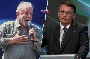 Divisão de imagem com Lula à esquerda falando em microfone e Bolsonaro à direita em pódio. Logo Invest News no centro.