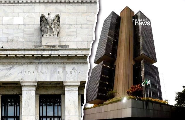 Federal Reserve (EUA) e Banco Central do Brasil em imagem dividida para comparação.