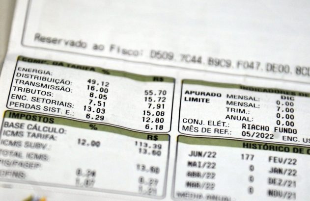 Detalhe de fatura de energia elétrica mostrando tarifas, impostos e histórico de consumo.