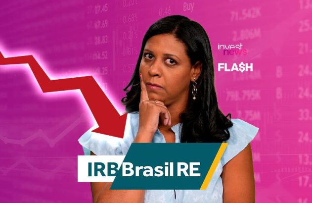 Mulher olha preocupada para gráfico financeiro com seta vermelha de queda, sobre IRB Brasil RE.