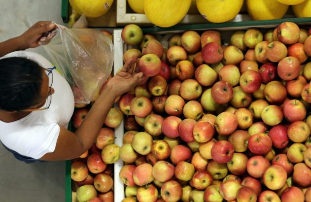 Pessoa, vista de cima, seleciona maçãs de um display, colocando-as em saco plástico. Há muitas maçãs e melões ao fundo.