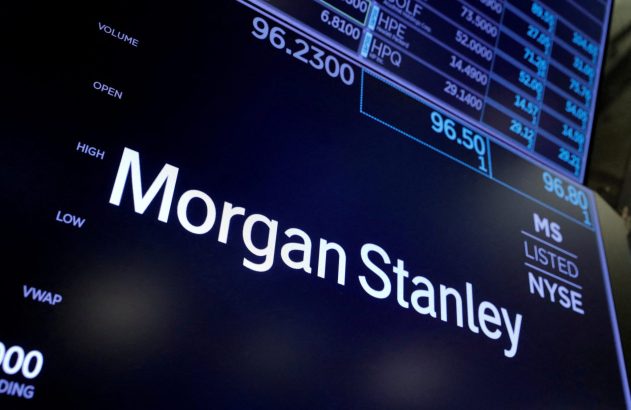Display de mercado de ações com o nome 'Morgan Stanley' e dados financeiros.