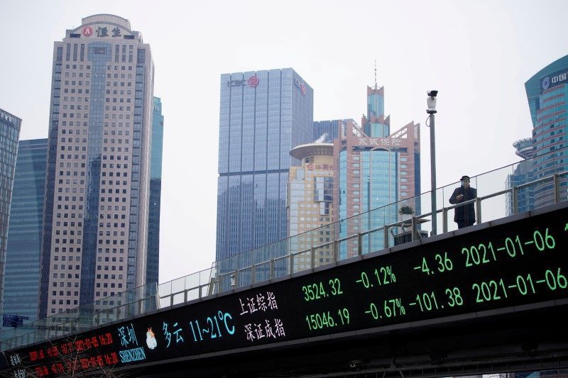 Pessoa em ponte sobre painel LED exibindo dados da bolsa e clima. Arranha-céus de distrito financeiro chinês.