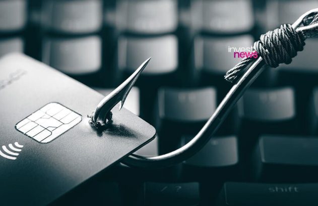 Cartão de crédito com chip fisgado por um anzol sobre um teclado.