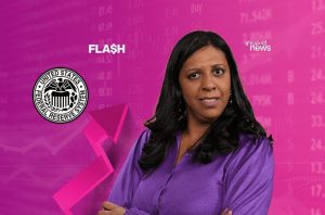 Mulher em destaque sobre fundo de dados financeiros, logo do Fed e seta de crescimento.