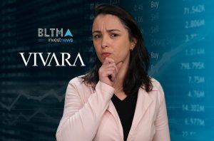 Mulher pensativa olhando para dados financeiros, com logos BLTMA investnews e Vivara.
