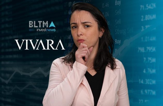 Mulher pensativa olhando para dados financeiros, com logos BLTMA investnews e Vivara.