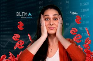 Mulher com expressão chocada, mãos no rosto, e dólares vermelhos caindo em fundo financeiro.