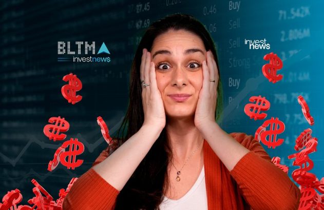 Mulher com expressão chocada, mãos no rosto, e dólares vermelhos caindo em fundo financeiro.