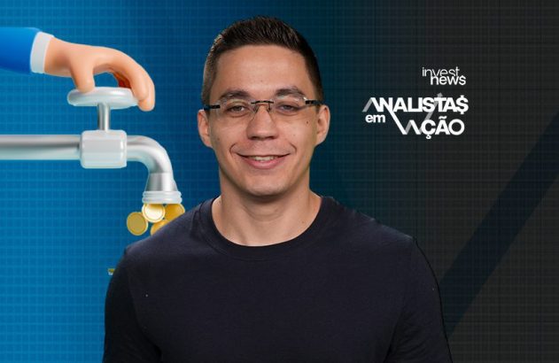 Homem sorridente ao lado de torneira jorrando moedas. Logo 'invest news' e 'ANALISTAS em AÇÃO'.